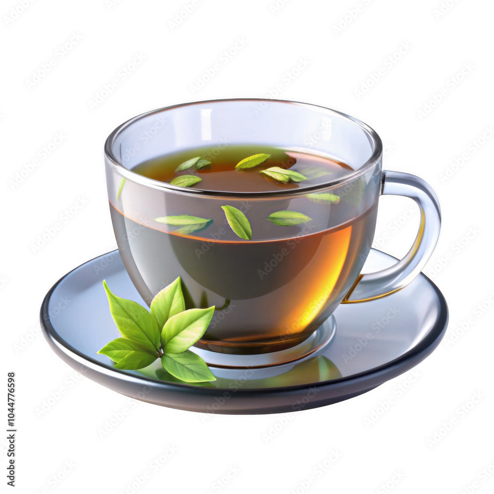 A clear cup filled with green tea, featuring floating green leaves, presented on a saucer. It appears fresh and inviting.
