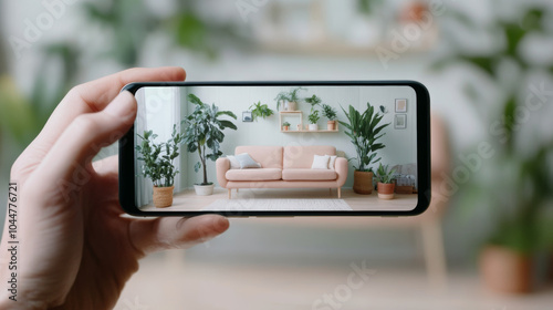 A hand holding smartphone captures cozy living room scene featuring pink sofa surrounded by various indoor plants, creating serene and inviting atmosphere