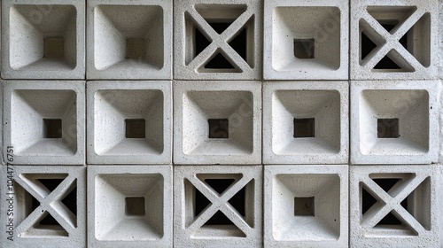 2410 103.A close-up of a patterned ventilation block wall, featuring geometric cutouts that allow air to flow through. The repetitive design and clean lines of the blocks give the wall a