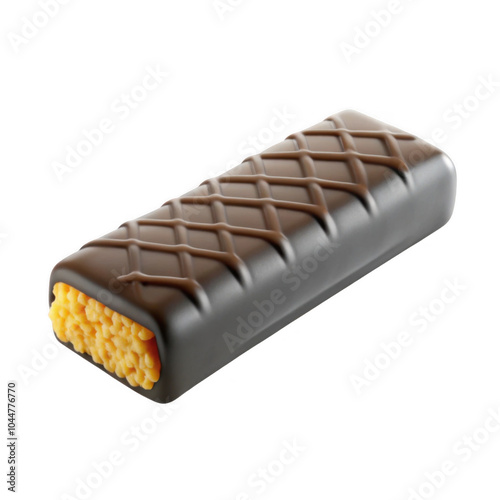 A detailed depiction of a chocolate-coated snack bar featuring a honeycomb texture and an appealing design. Ideal for food lovers. photo