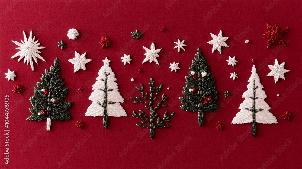 Embroidered Christmas decorations featuring white and green trees, stars, and festive elements on red background create joyful holiday atmosphere Embroidered Christmas decorations featuring white and green trees, stars, and festive elements on red background create joyful holiday atmosphere