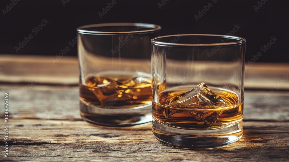 Two whiskey glasses placed on a wooden surface Two whiskey glasses placed on a wooden surface