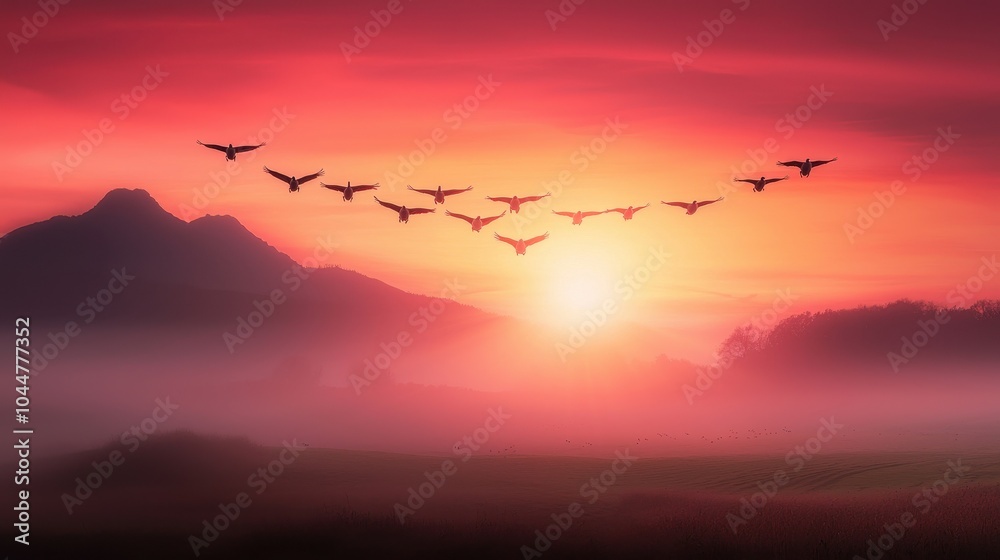 Obraz premium Flock of birds flying over foggy mountains during vibrant autumn sunrise