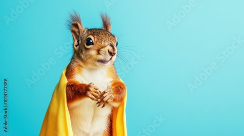 Squirrel wearing a yellow cape set against a turquoise backdrop embodying a superhero theme photo