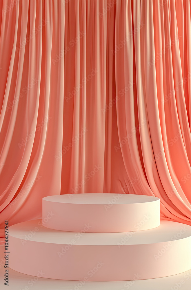 Bold and Inviting 3D Rendered Podium with Soft Coral Curtains for a Vibrant Display