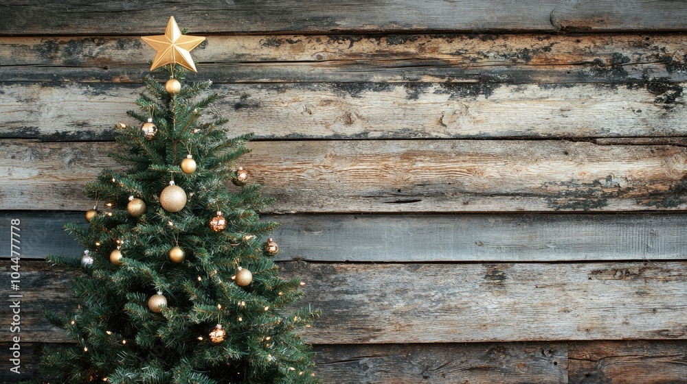 Christmas tree displayed on a rustic wooden surface Christmas tree displayed on a rustic wooden surface