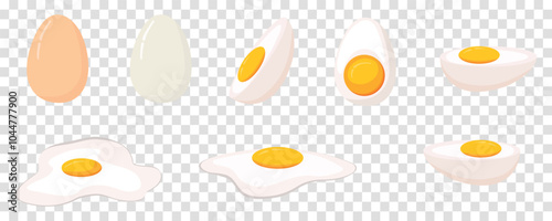 Fried eggs set. Isolated eggs on white background. Healthy nutritious breakfast. Yolk and white.
