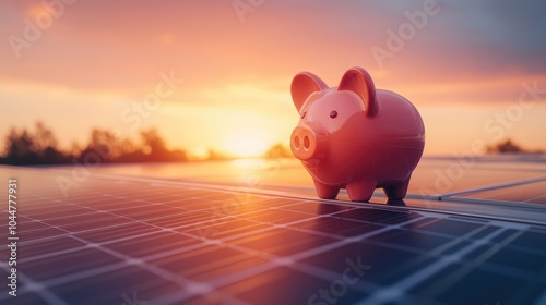 Individual positioning a piggy bank on solar panels at dusk representing a commitment to renewable energy investment