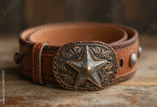 Tan Tooled Leather Belt with Sheriff Star Conchos and Western Detail photo