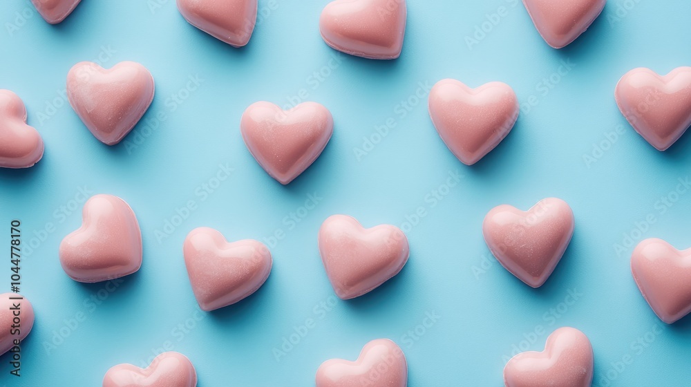 Obraz premium Pink heart shaped candies on a blue backdrop perfect for birthday and Valentine s Day greetings conveying love and positive emotions flat lay arrangement