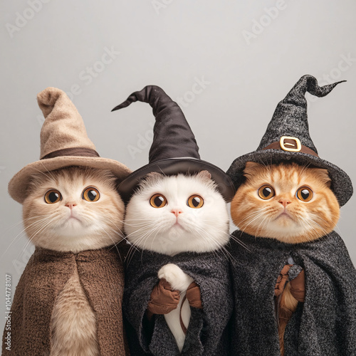 Enjoy the whimsical charm of three fluffy cats donning witch hats and cloaks ideal for Halloween themes photo