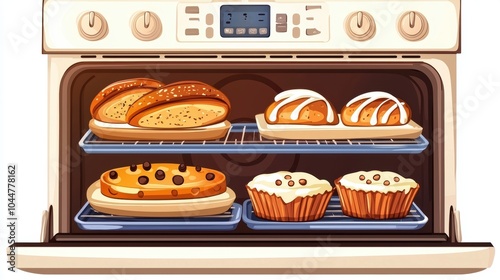 Open Electric Oven with Delicious Baked Goods