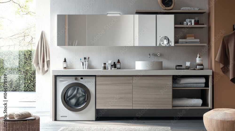 Minimalist bathroom corner featuring a washing machine under a countertop, with open shelves and a modern sink Minimalist bathroom corner featuring a washing machine under a countertop, with open shelves and a modern sink