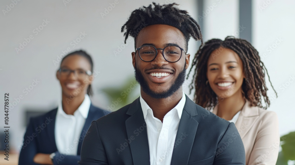 A diverse group of professionals smiling confidently in modern office setting, showcasing teamwork and collaboration. Their positive energy reflects successful work environment