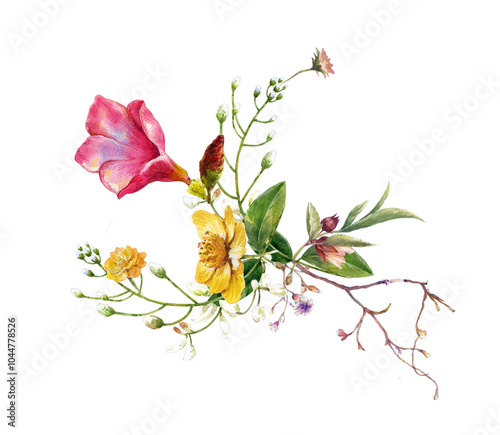 watercolor painting of leaves and flower, on transparent background