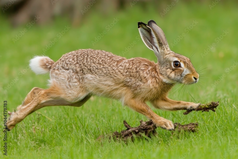 Fototapeta premium A captivating and energetic hare leaps gracefully across vibrant green grass, showcasing agility and the beauty of nature in motion.