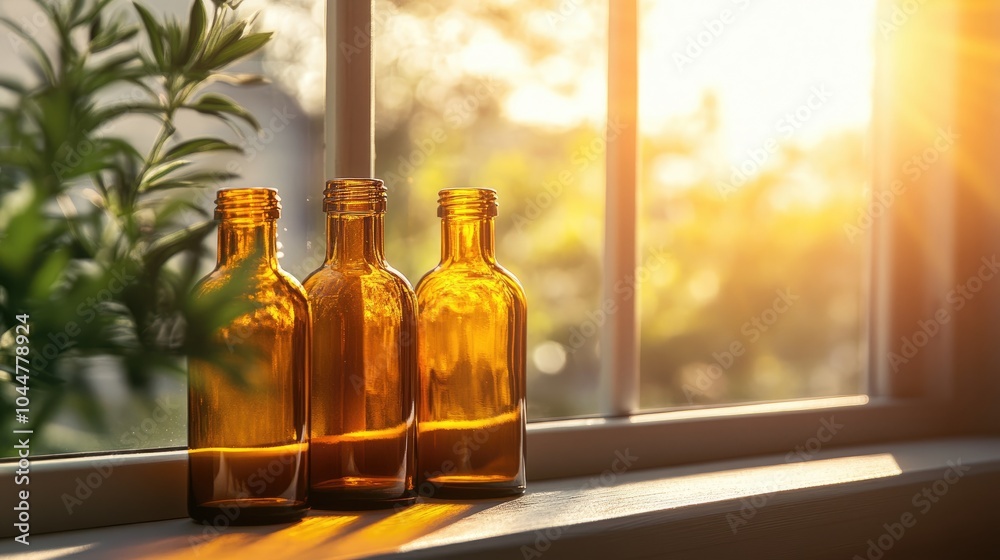 Three amber glass bottles placed on a windowsill illuminated by warm sunlight representing a concept of health and wellness Three amber glass bottles placed on a windowsill illuminated by warm sunlight representing a concept of health and wellness