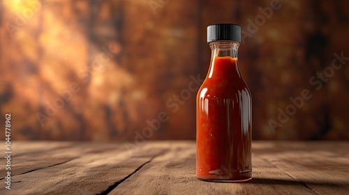 Hot Sauce Heat: A vibrant, full-bodied bottle of hot sauce stands on a rustic wooden table, bathed in warm, inviting light. Its fiery red color promises a burst of flavor and spice.  
