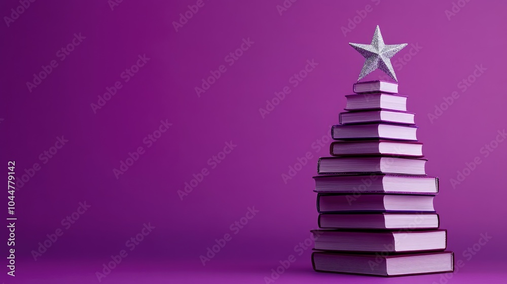 Book shaped Christmas tree topped with a silver star on a purple background A minimalistic abstract aesthetic for New Year greetings gifts or invitations Creative educational concept Book shaped Christmas tree topped with a silver star on a purple background A minimalistic abstract aesthetic for New Year greetings gifts or invitations Creative educational concept