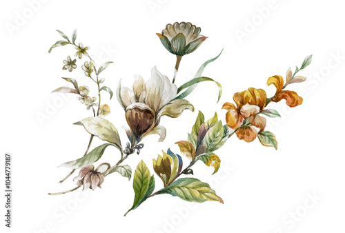 watercolor painting of leaves and flower, on transparent background