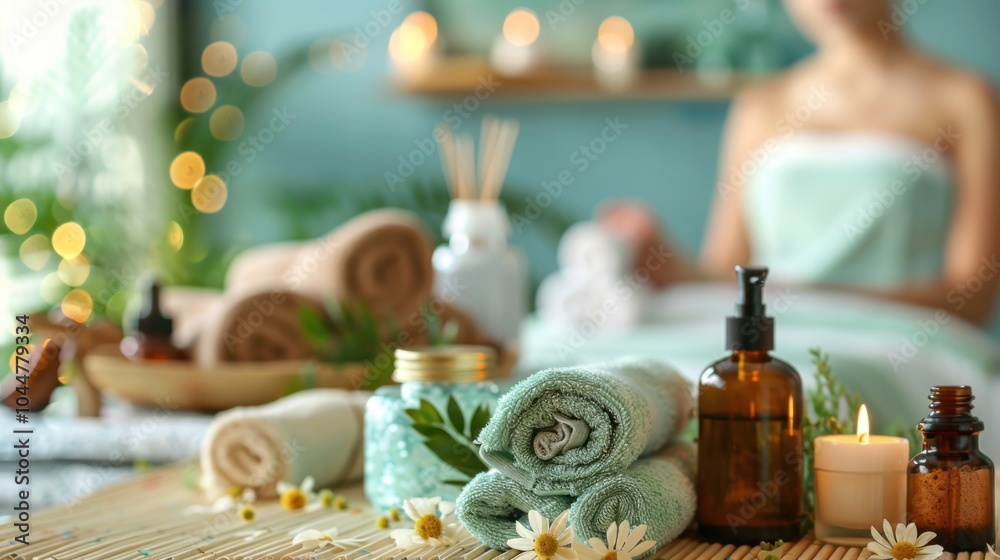 Spa accessories on a table with a woman having a massage in the background, AI generated image Spa accessories on a table with a woman having a massage in the background, AI generated image
