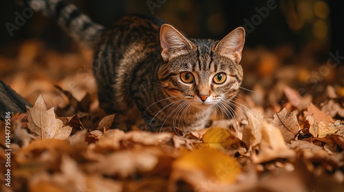 Crouching cute tabby cat stealthily hunting in an autumn forest with a pile of crisp fallen leaves surrounding it