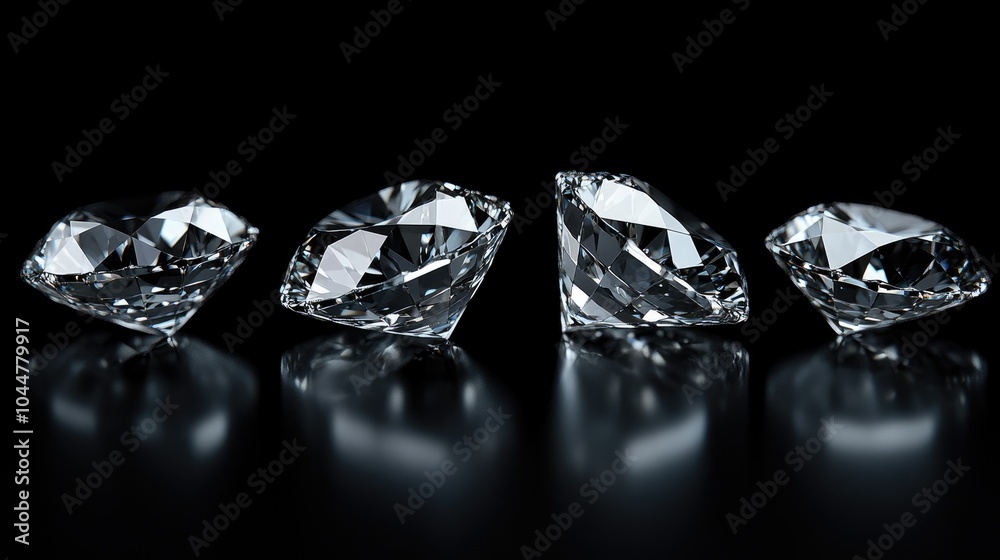 Cut diamonds displayed against a dark backdrop featuring reflections on the surface to enhance their brilliance Cut diamonds displayed against a dark backdrop featuring reflections on the surface to enhance their brilliance