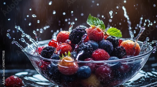 Colorful fresh berries splashing in a bowl highlighting their vivid hues and water droplets ideal for promoting a healthy lifestyle