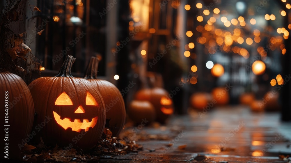 Obraz premium Halloween backdrop featuring multiple pumpkins against a dark eerie setting