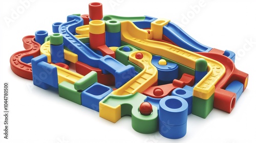 2410 61.A vibrant marble run toy set featuring colorful interlocking building blocks and winding tracks, with bright blue, red, yellow, and green pieces. The dynamic design showcases the marble run photo