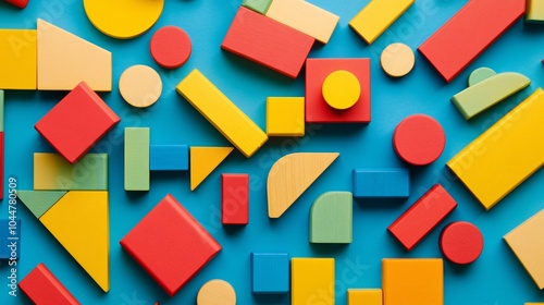 2410 96.A vibrant collection of colorful wooden building blocks arranged in various shapes and sizes, scattered across a bright background. The bold primary colors and clean lines evoke a playful,