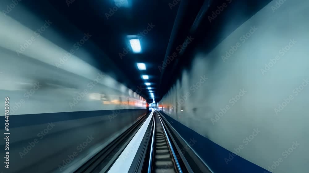High-speed subway train: View from the carriage of a speeding train in a subway tunnel at night.
