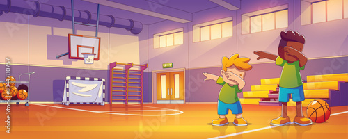 Two children boys in school gym warm up before sport training. Cartoon vector kids in sportswear waving their hands in spacious exercise room with basketballs, benches and activity equipment.