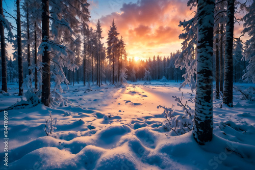 Mystical Scandinavian winter forest at sunset in North Karelia. Large view image landscape with trees, blue sky with clouds, amazing view. Background of seasonal Finland winter. Copy ad text space photo