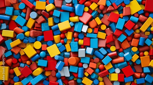 2410 67.A top-down view of a large pile of colorful children's building blocks, featuring a variety of shapes like squares, rectangles, and cylinders. The diverse colors of the blocks, including