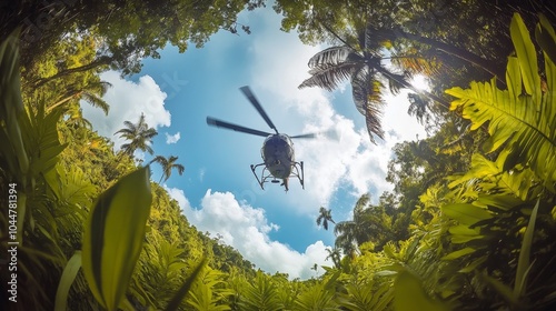 A Majestic Helicopter Glides Through Lush Jungle Canopy Amidst Brilliant Blue Skies and Fluffy White Clouds, Capturing Nature's Splendor. photo