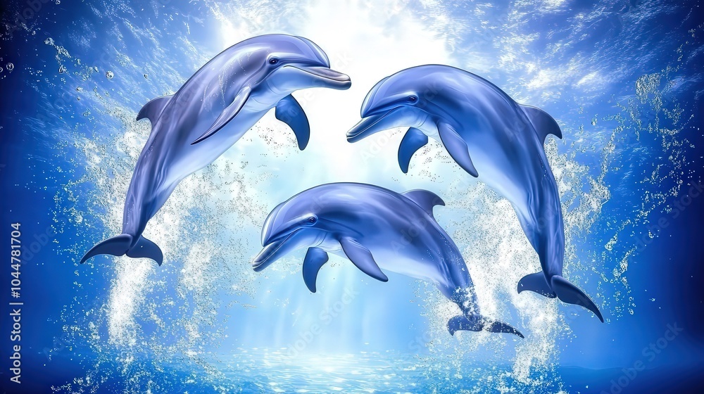 Three dolphins are swimming in the ocean Three dolphins are swimming in the ocean