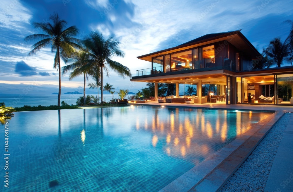 Modern house with swimming pool in Phuket, Thailand. A luxurious two-story villa on the island Modern house with swimming pool in Phuket, Thailand. A luxurious two-story villa on the island