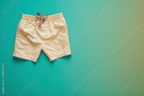 Beige swim shorts on a turquoise background in a minimalist style