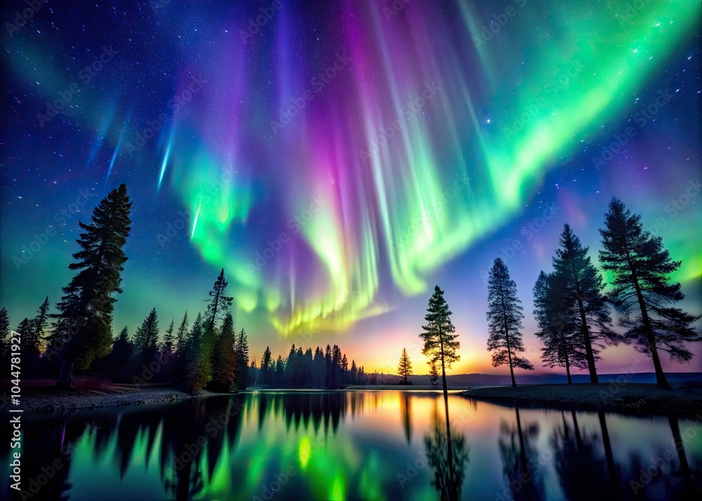 Naklejka premium Captivating Northern Lights Aurora Borealis Over a Dark Night Sky - Majestic Colors, Stars, and Natural Phenomenon in Scenic Landscape Photography