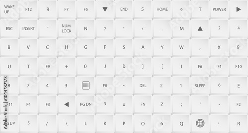 Rectangular white computer keyboard buttons with chaotically mixed symbols and letters. Gray horizontal copy space for design of web pages and interface. Vector background
