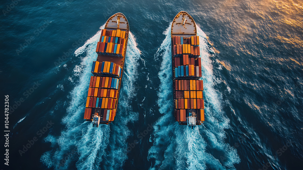 A serene photography showing two container ships passing each other in the open sea, with waves gently lapping against the hulls, capturing the calm yet vast expanse of ocean transport routes. A serene photography showing two container ships passing each other in the open sea, with waves gently lapping against the hulls, capturing the calm yet vast expanse of ocean transport routes.