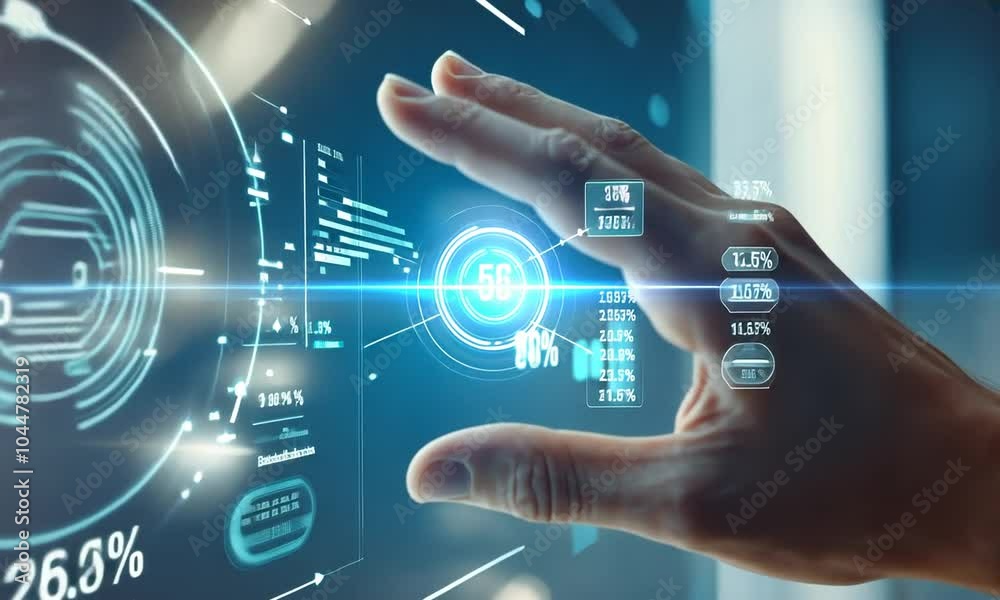 A hand interacting with a futuristic digital interface. A hand interacting with a futuristic digital interface.