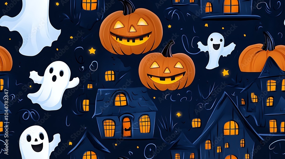 Smiling Ghosts and Pumpkins in a Haunted House Scene Smiling Ghosts and Pumpkins in a Haunted House Scene