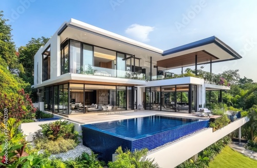 Modern house with swimming pool in Phuket, Thailand. A luxurious two-story villa on the island