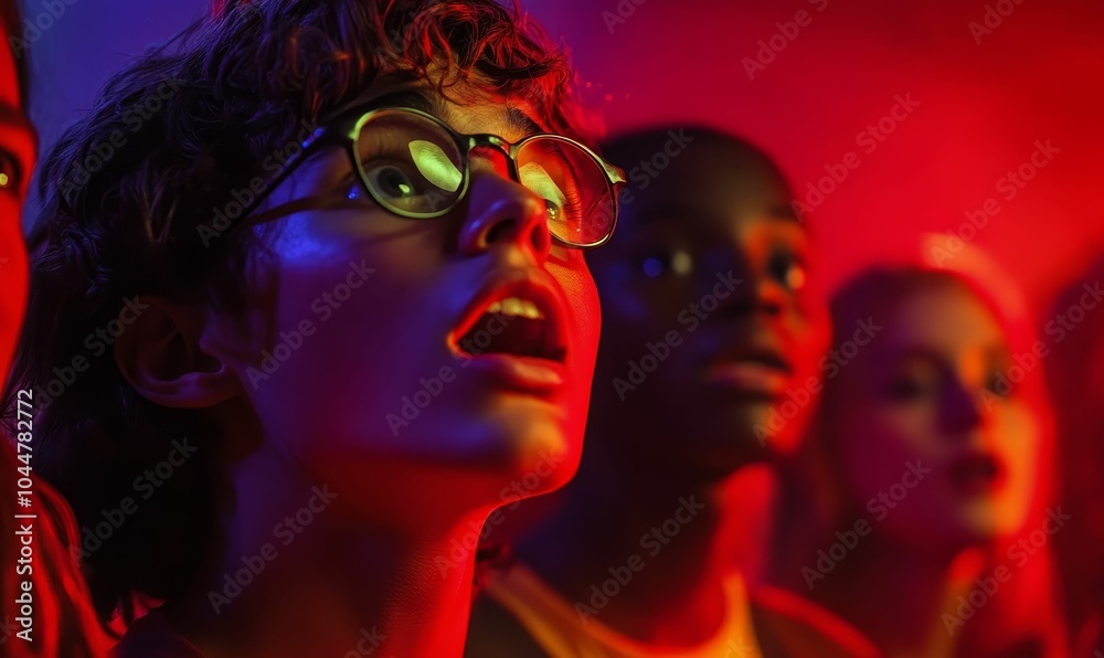 Obraz premium Young woman in glasses with open mouth and red lighting.