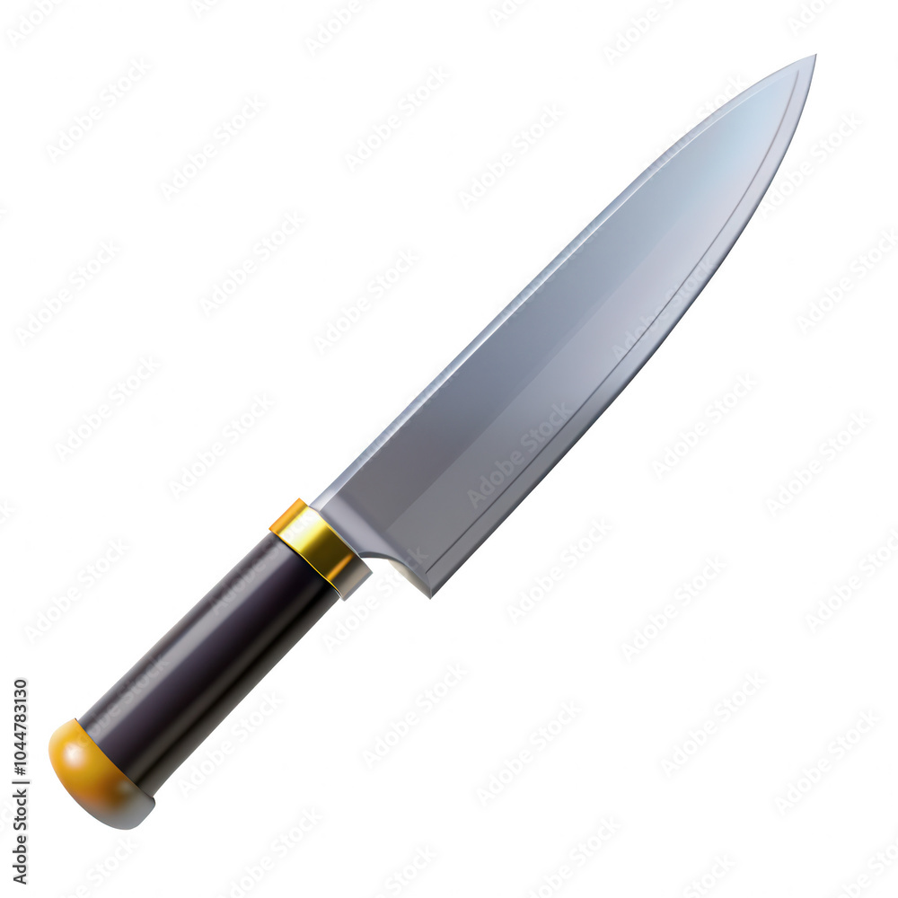 Obraz premium A detailed rendering of a kitchen knife featuring a sleek metallic blade and a stylish black and gold handle, perfect for culinary tasks.