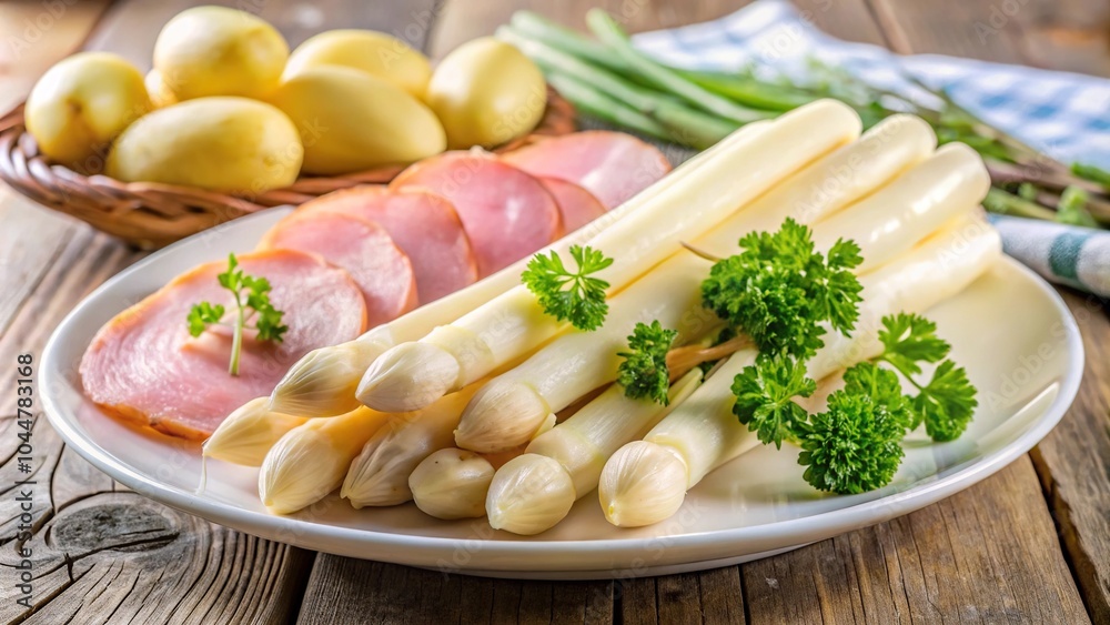 Vegetable dish with white asparagus, potatoes, and boiled ham Vegetable dish with white asparagus, potatoes, and boiled ham
