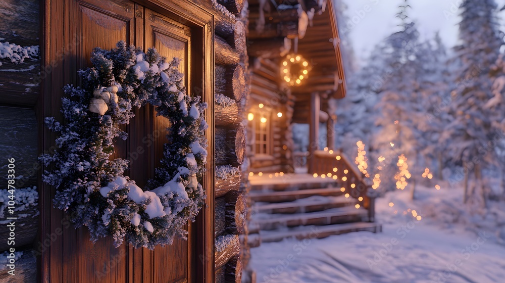 Obraz premium A cozy winter cabin adorned with a snow-covered wreath and festive lights.