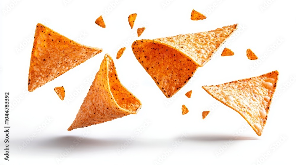Floating tortilla chips in mid-air, golden and sharp, isolated on a white background, with intricate textures and crisp surfaces highlighted Floating tortilla chips in mid-air, golden and sharp, isolated on a white background, with intricate textures and crisp surfaces highlighted